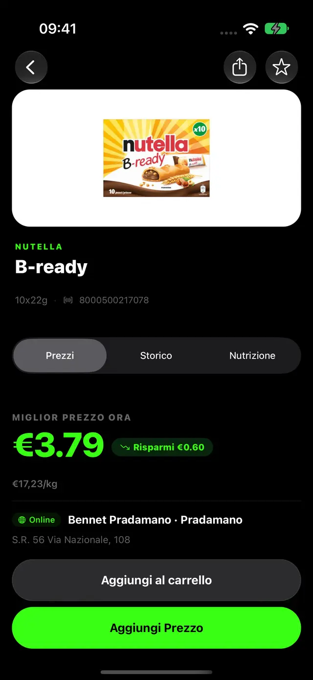 Scheda prodotto nell'app Prisy: miglior prezzo attuale, risparmio e punto vendita